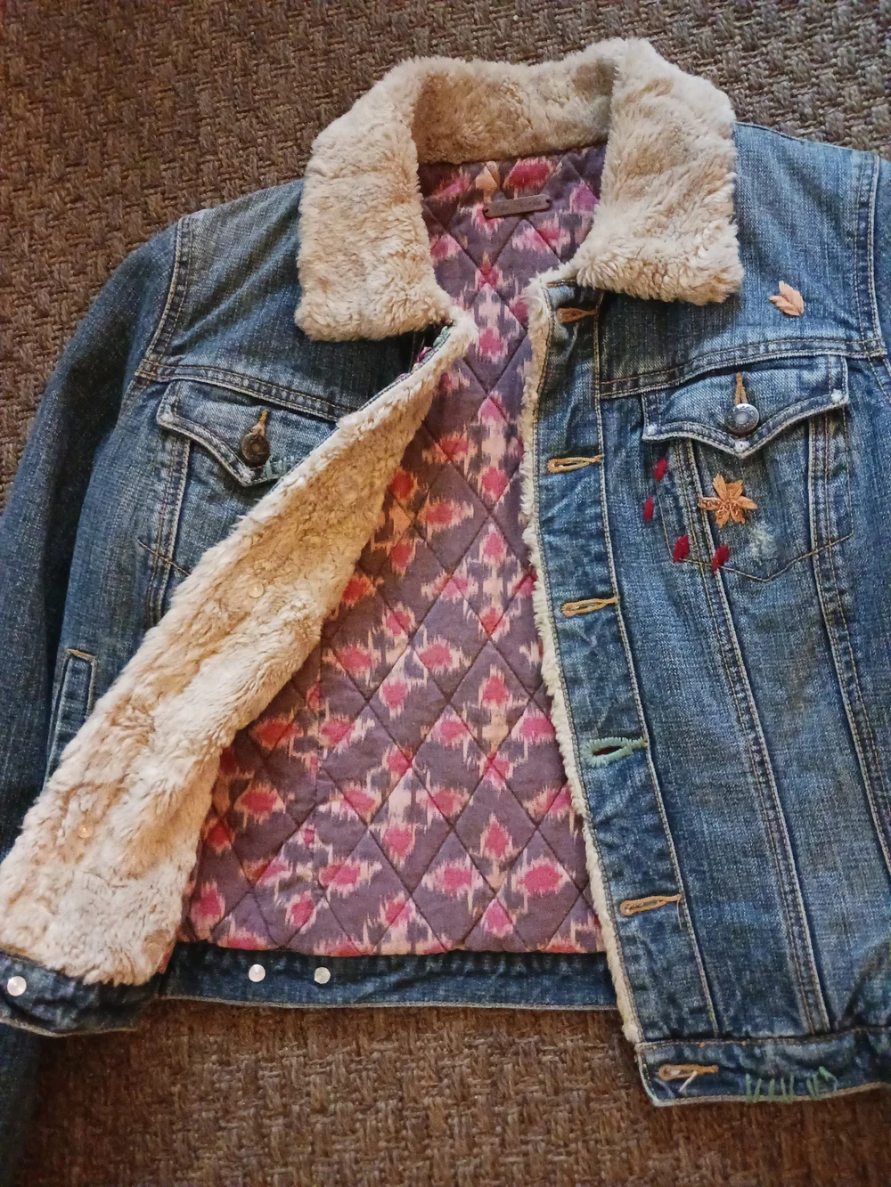Free People Embroidered Denim Jacket with Faux Shearling Collar - Picture 3 of 7